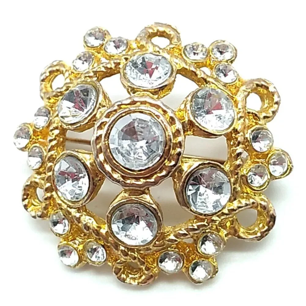 Vintage Twisted Rope Brooch Dome Shaped Rhinestone Gold Tone Pin